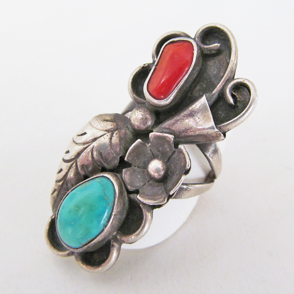 Vintage Coral & Turquoise Sterling Silver Ring